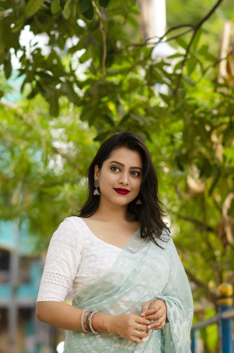 Blue Poly Chiffon Saree with Zari Lining and Lucknowi Blouse