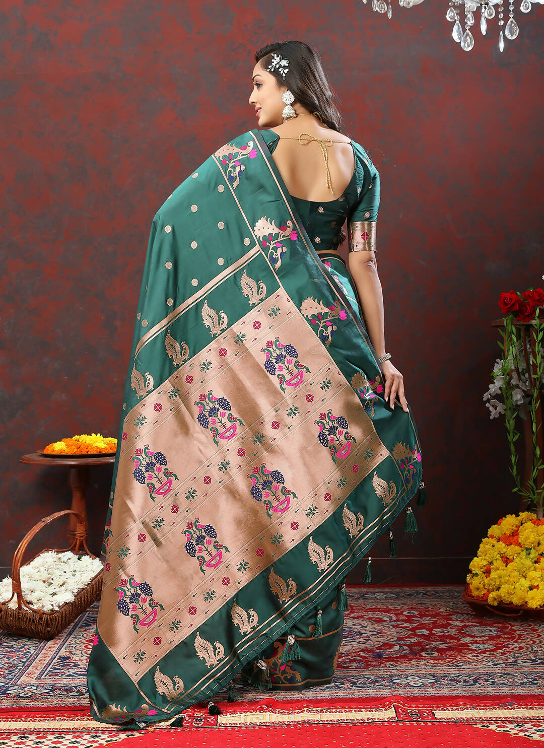 Green Soft Paithani Silk Saree with Copper Zari Meenakari Weaving