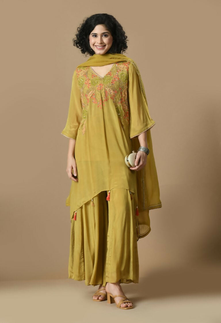 Mehendi Chinnon Kurta Set with Organza Dupatta