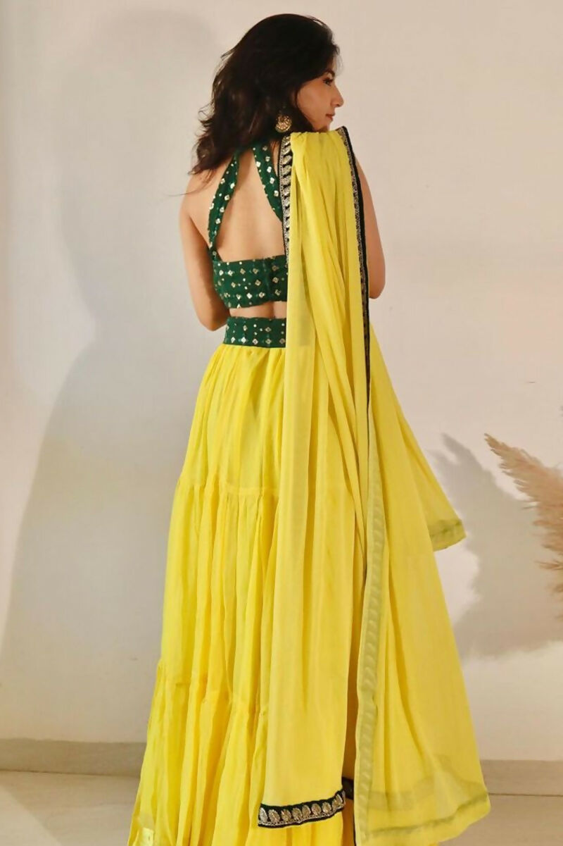 Yellow Georgette Three Layer Frill Lehenga Choli with Dupatta