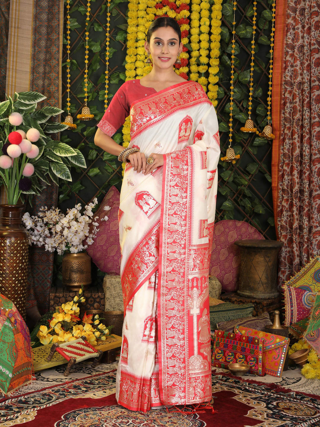 Elegant White Silk Saree with Contrast Red Blouse for Parties
