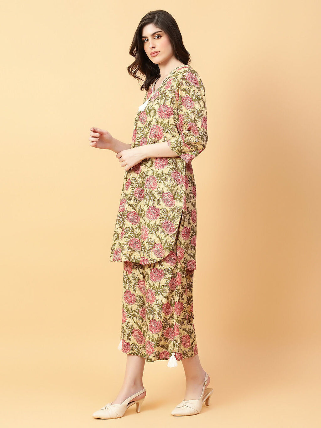 Beige Cotton Printed Hand Work Co-Ord Set for Women