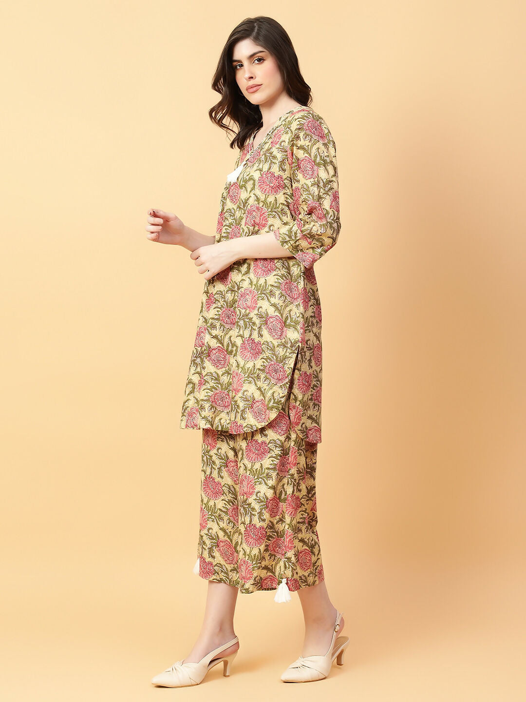 Beige Cotton Printed Hand Work Co-Ord Set for Women