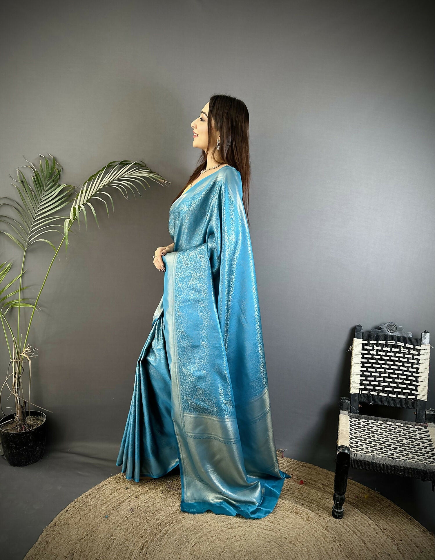 Ocean Blue Floral Motif Soft Satin Silk Kanchipuram Saree