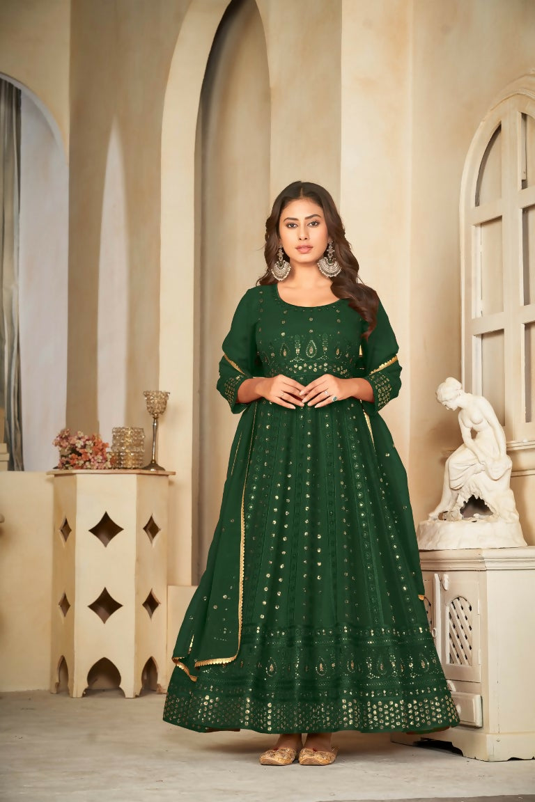 Green georgette embroidered Anarkali kurta set with pants and dupatta