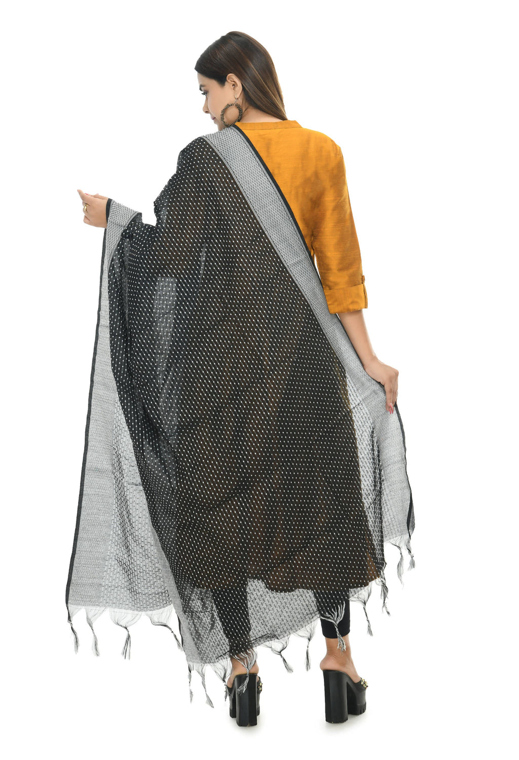 Black Dot Pattern Handloom Cotton Dupatta - Chic Ethnic Accessory