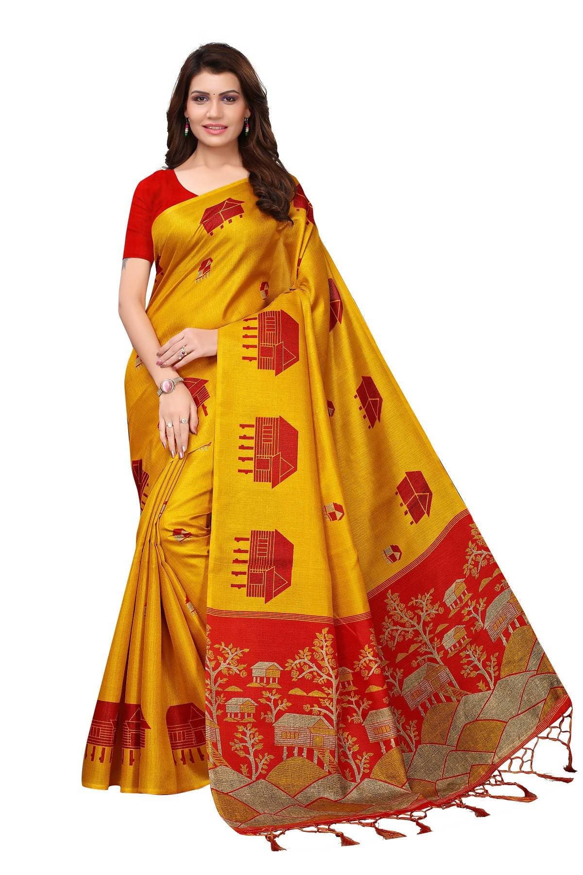 Yellow and red Kalamkari print Khadi silk saree with detailed jhalar border
