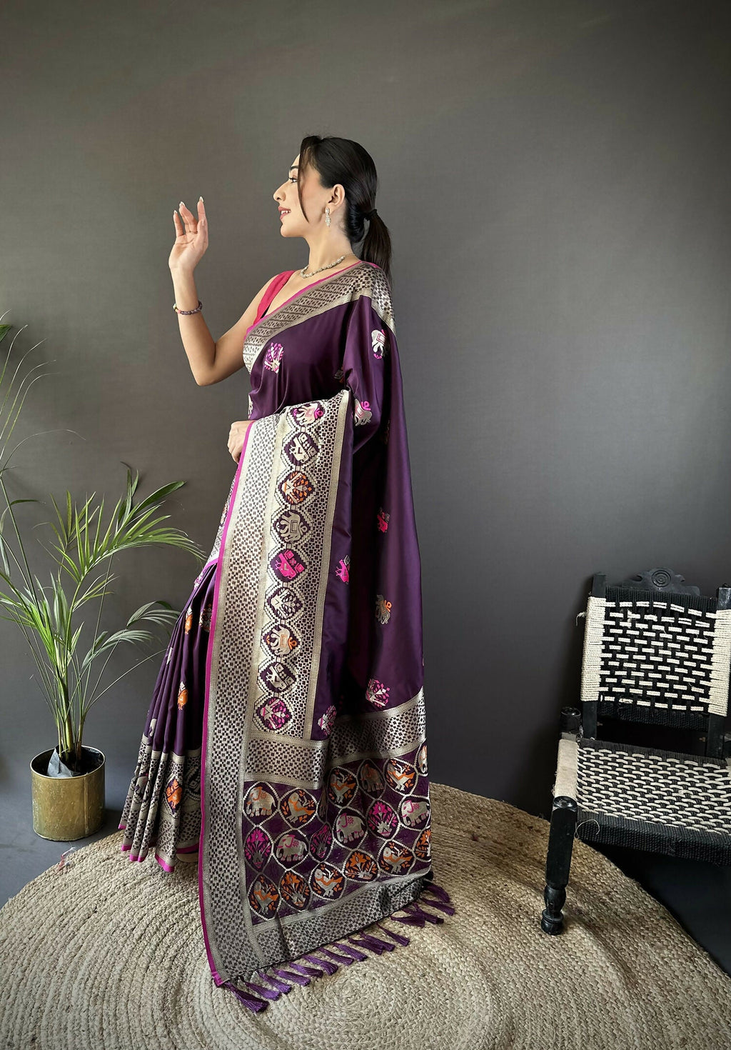 Wine Elephant & Floral Motif Soft Lichi Silk Banarasi Saree
