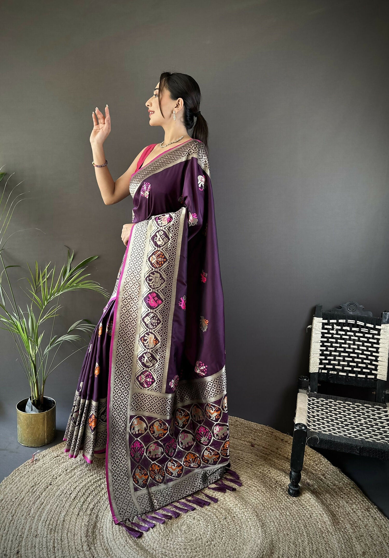 Wine Elephant & Floral Motif Soft Lichi Silk Banarasi Saree