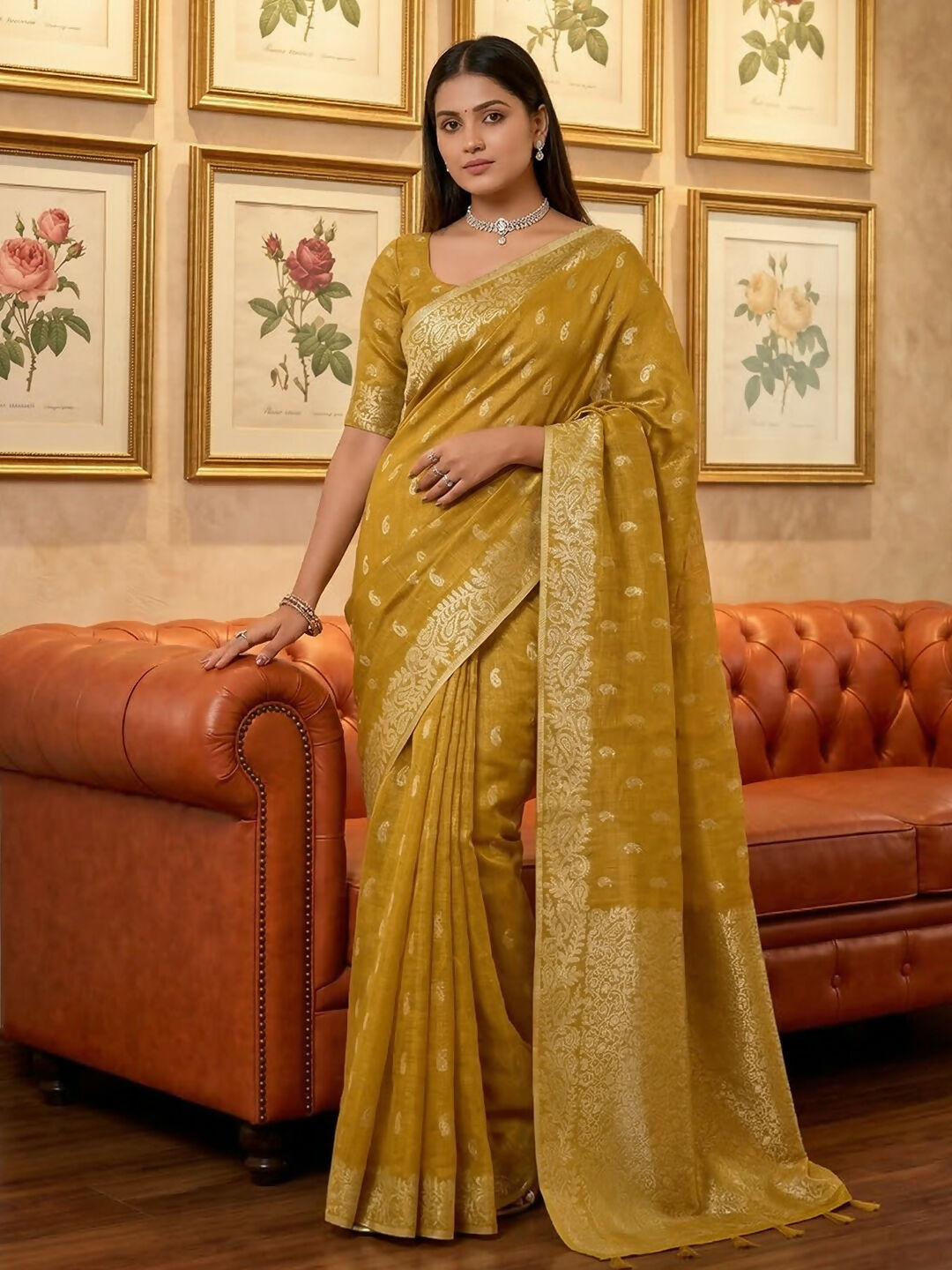 Mustard yellow tissue silk saree with elegant drape and matching blouse fabric