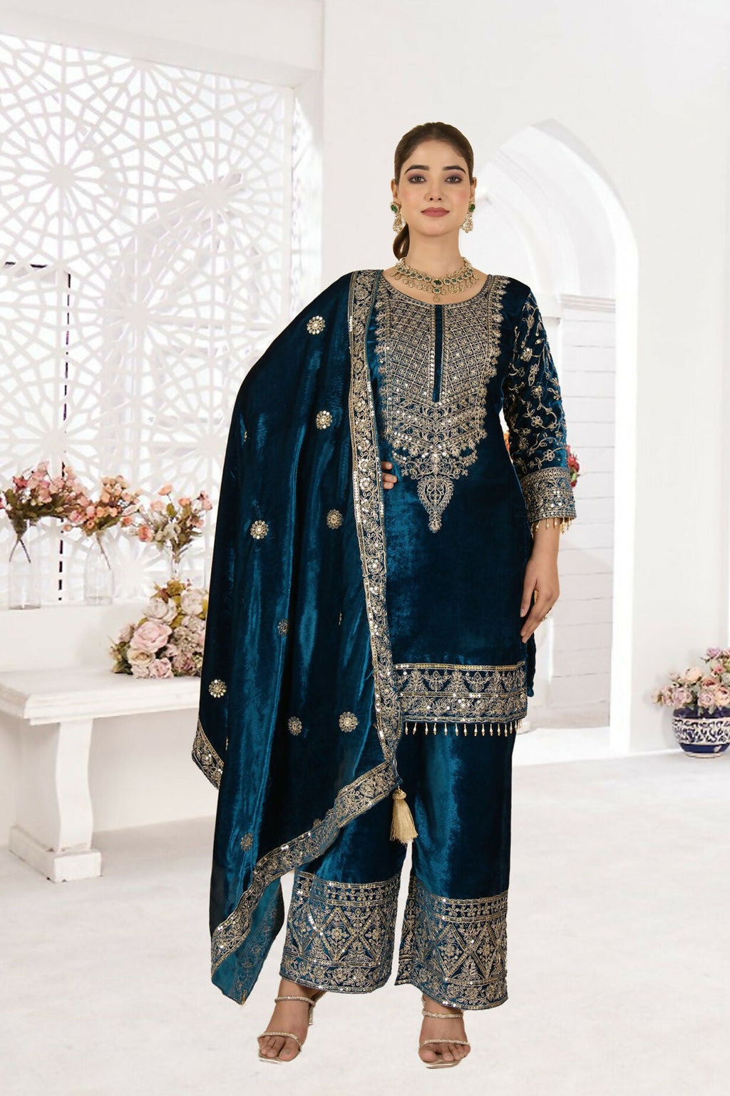 Blue Velvet Kurta Set with Shimmering Sequence Embroidery