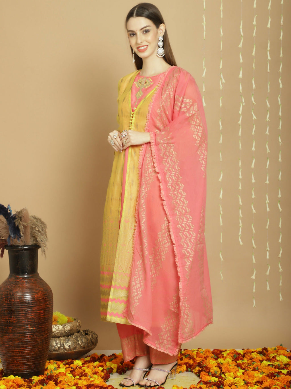Women's Yellow Chanderi Silk A-Line Kurta Set with Jardoshi Work