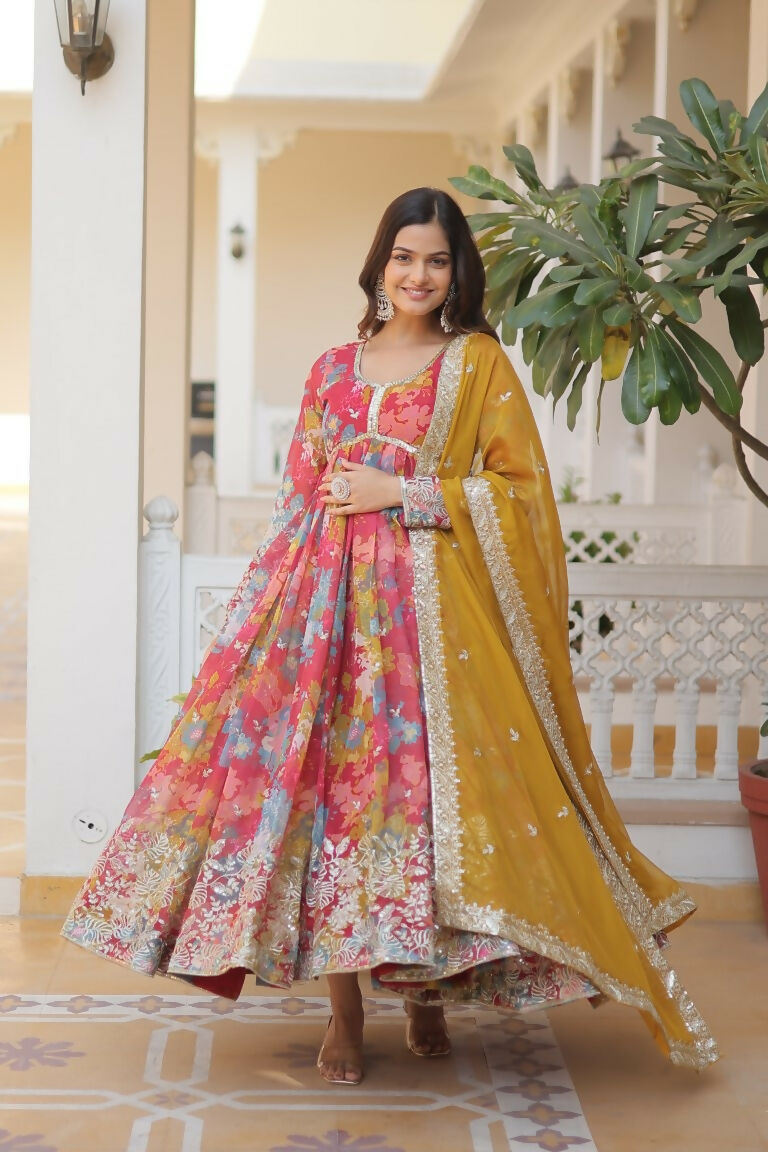 Women's Pink & Yellow Russian Silk Sequins Zari Embroidered Anarkali