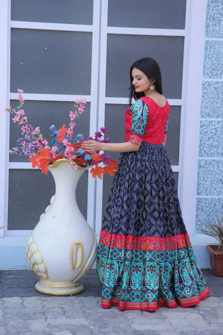 Navy Blue Dola Silk Anarkali Dress with Patola and Foil Print