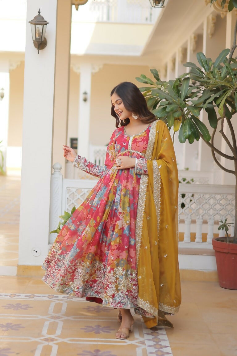 Women's Pink & Yellow Russian Silk Sequins Zari Embroidered Anarkali