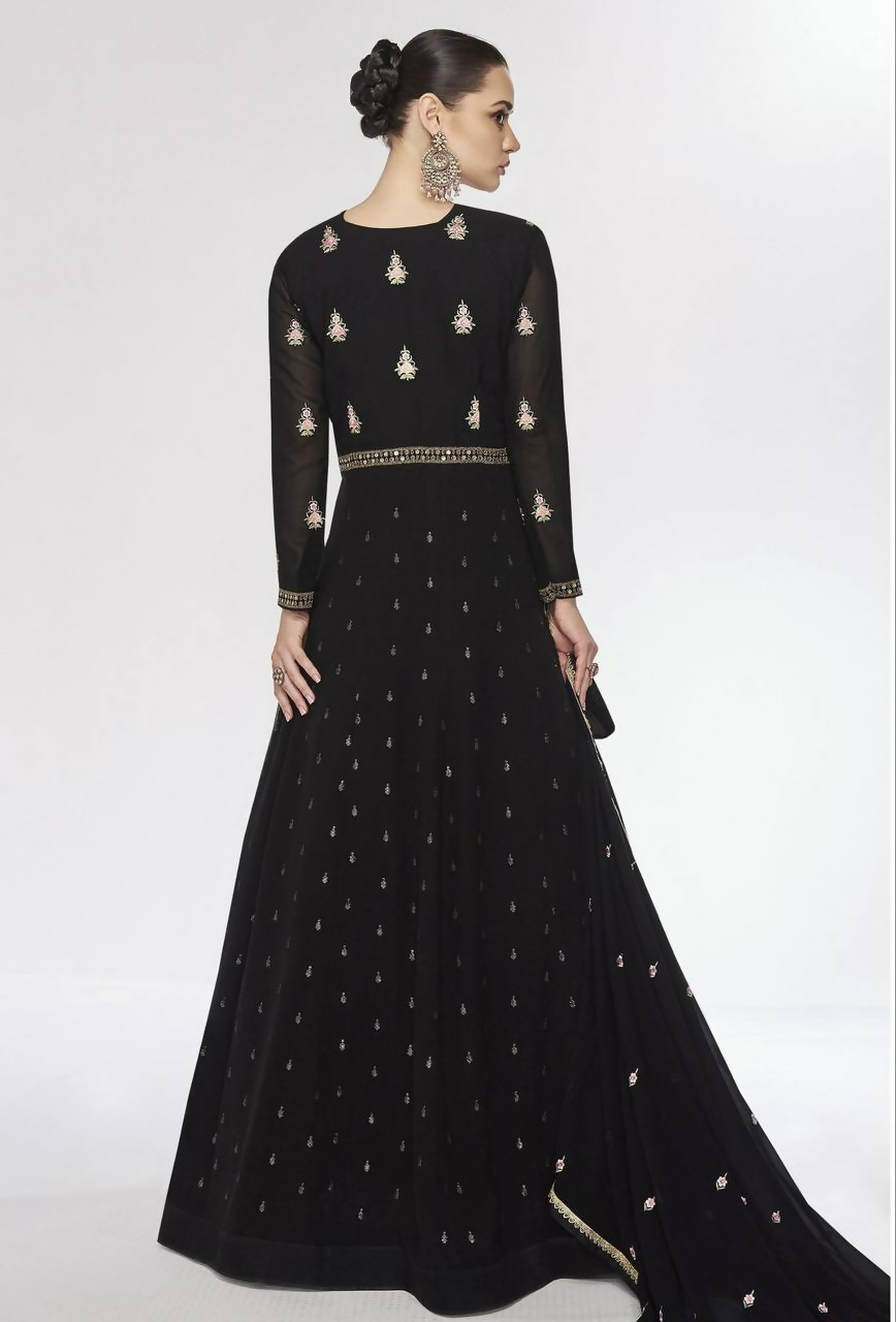 Black Faux Georgette Embroidery Gown with Matching Jacket Set
