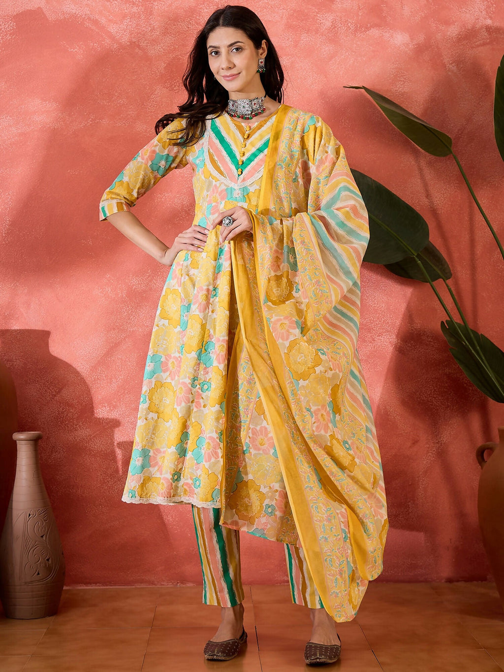 Printed Mustard Pure Cotton Kurta Set for Women