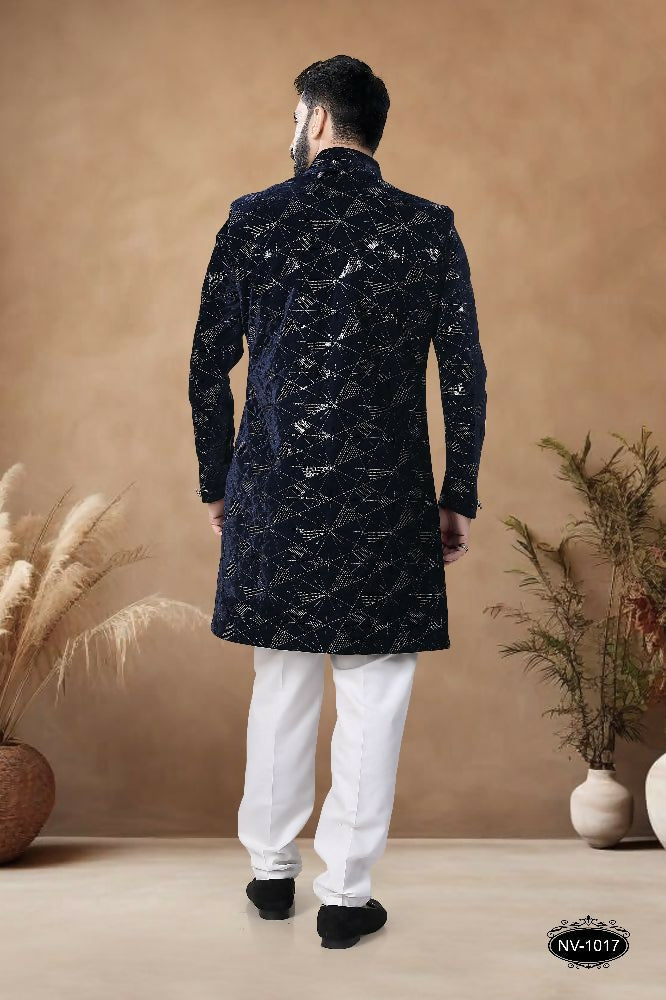 Men's Blue Velvet Indo-Western Kurta Set with Thread Embroidery
