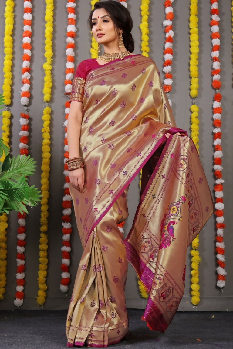 Wine Paithani Silk Zari Woven Saree with Matching Blouse