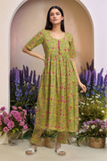 Mustard yellow printed gathered cotton kurta paired with matching pants