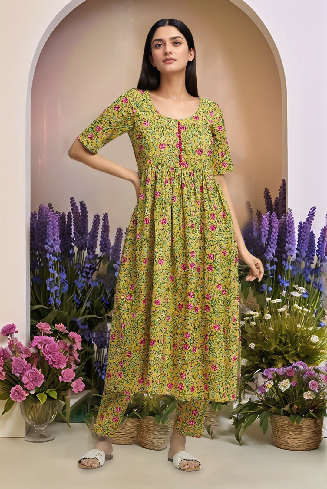 Mustard yellow printed gathered cotton kurta paired with matching pants