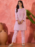 Pink pure cotton cord set with intricate embroidery, 3/4 sleeves, and round neck design.