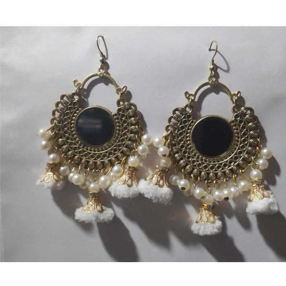Half moon oxidized silver earrings with white pearl accents and hanging jhumka drop
