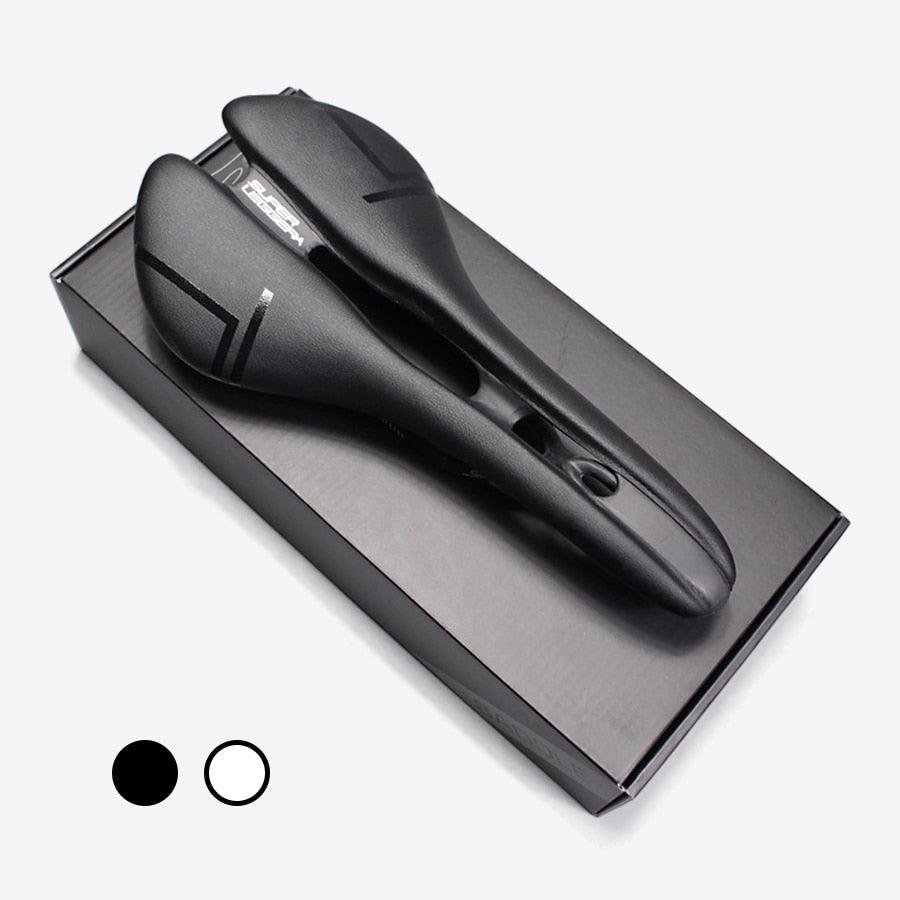 Sleek ultralight carbon fiber racing bike saddle in white and black