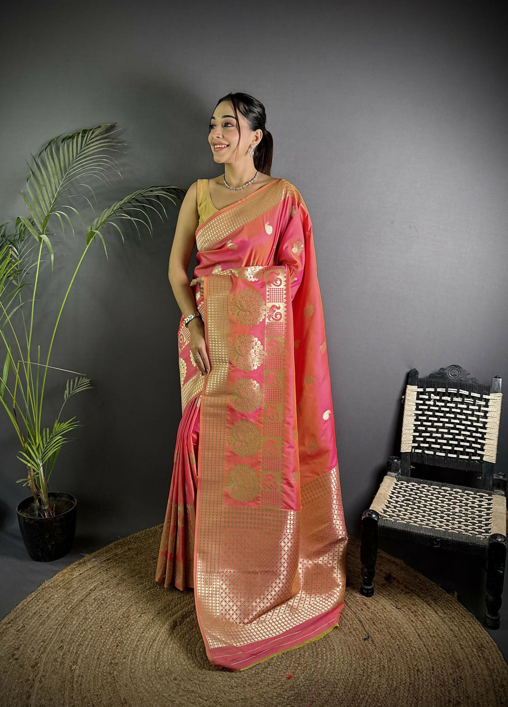 Light Pink Banarasi Soft Lichi Silk saree with paisley pattern