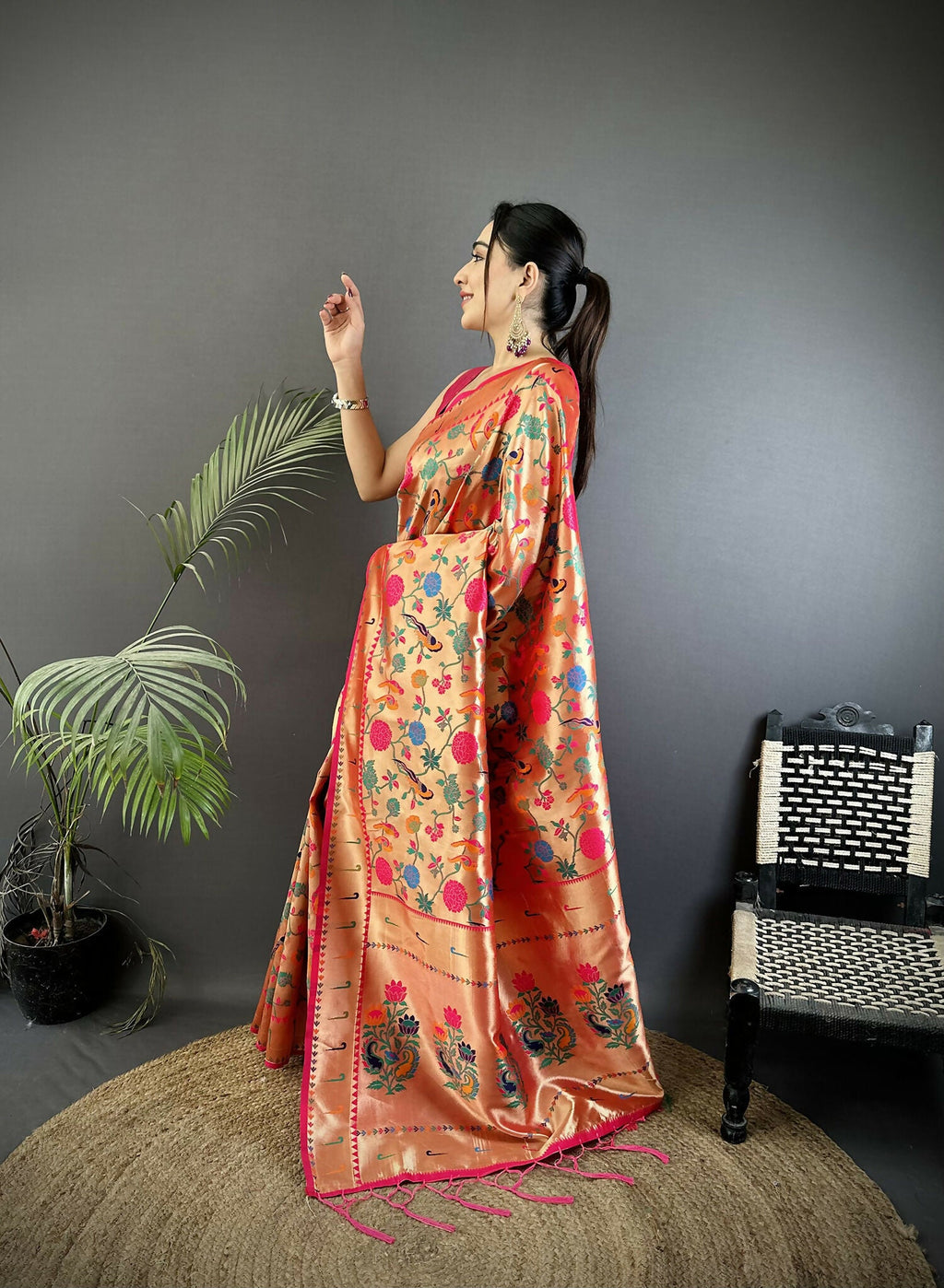 Pastel Red Mughal-Inspired Soft Silk Paithani Saree