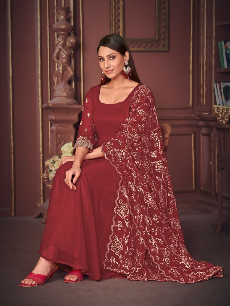 Women's Maroon Georgette Embroidered Anarkali Kurta Pant Set