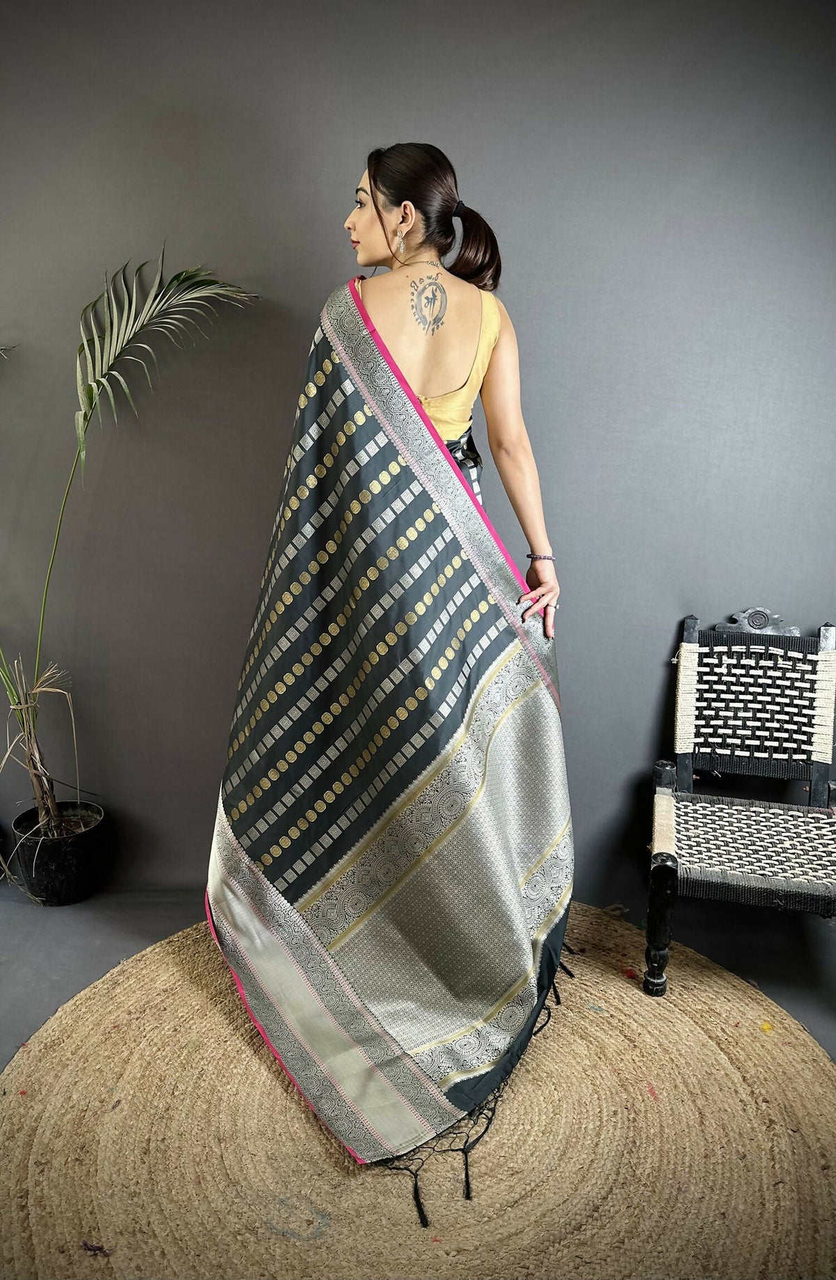 Black Checked Soft Silk Kanjivaram Saree with Kathan Blouse