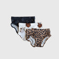 Three-pack of girls' underwear featuring leopard, tiger, and smiley face prints in a soft knit fabric