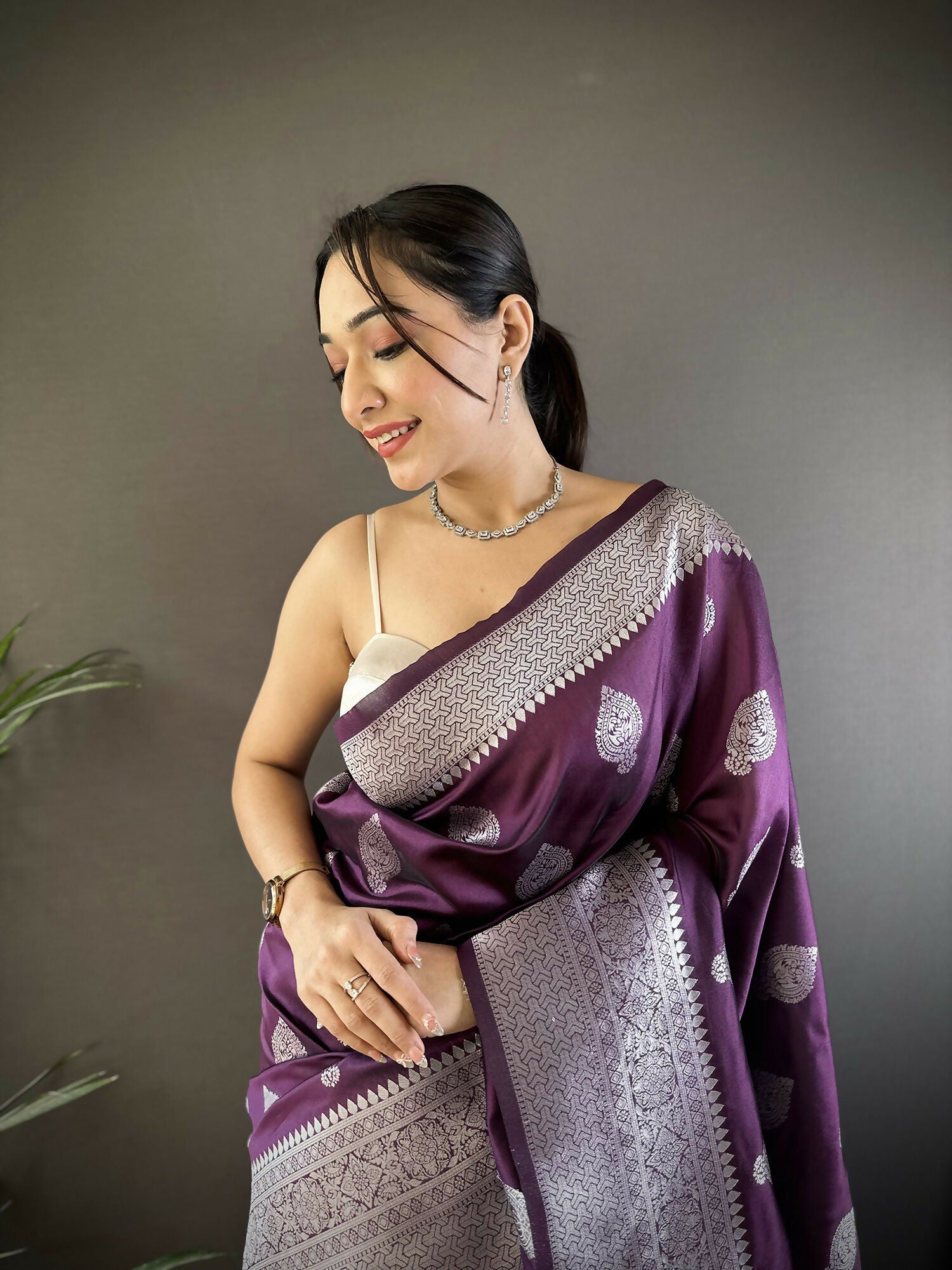 Wine Floral Motif Soft Silk Banarasi Saree with Matching Blouse