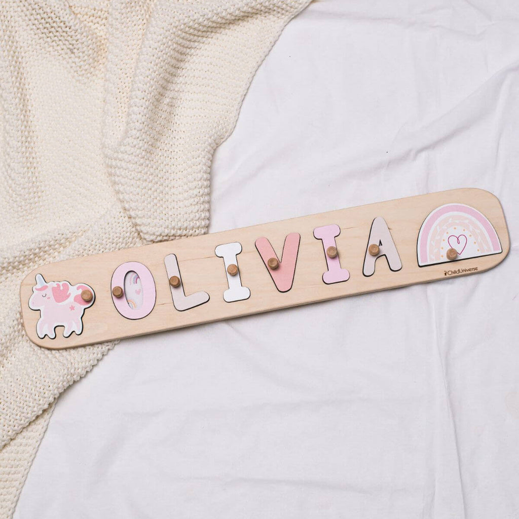 Personalized Wooden Unicorn Name Puzzle for Kids Nursery Decor