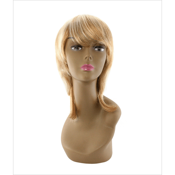 Model wearing a 100% human hair detachable wig in blonde and light-brown tones with a classic style.