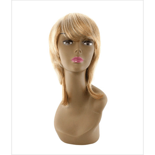 Model wearing a 100% human hair detachable wig in blonde and light-brown tones with a classic style.