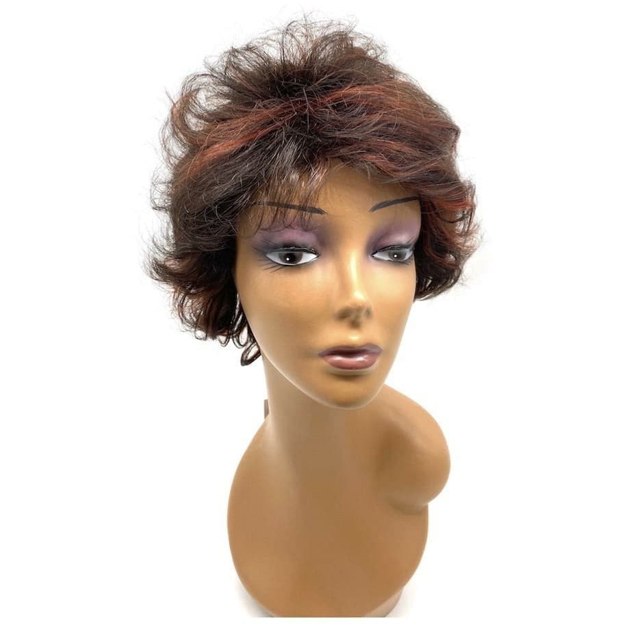 Close up of 100% human hair full wig in dark brown with auburn highlights