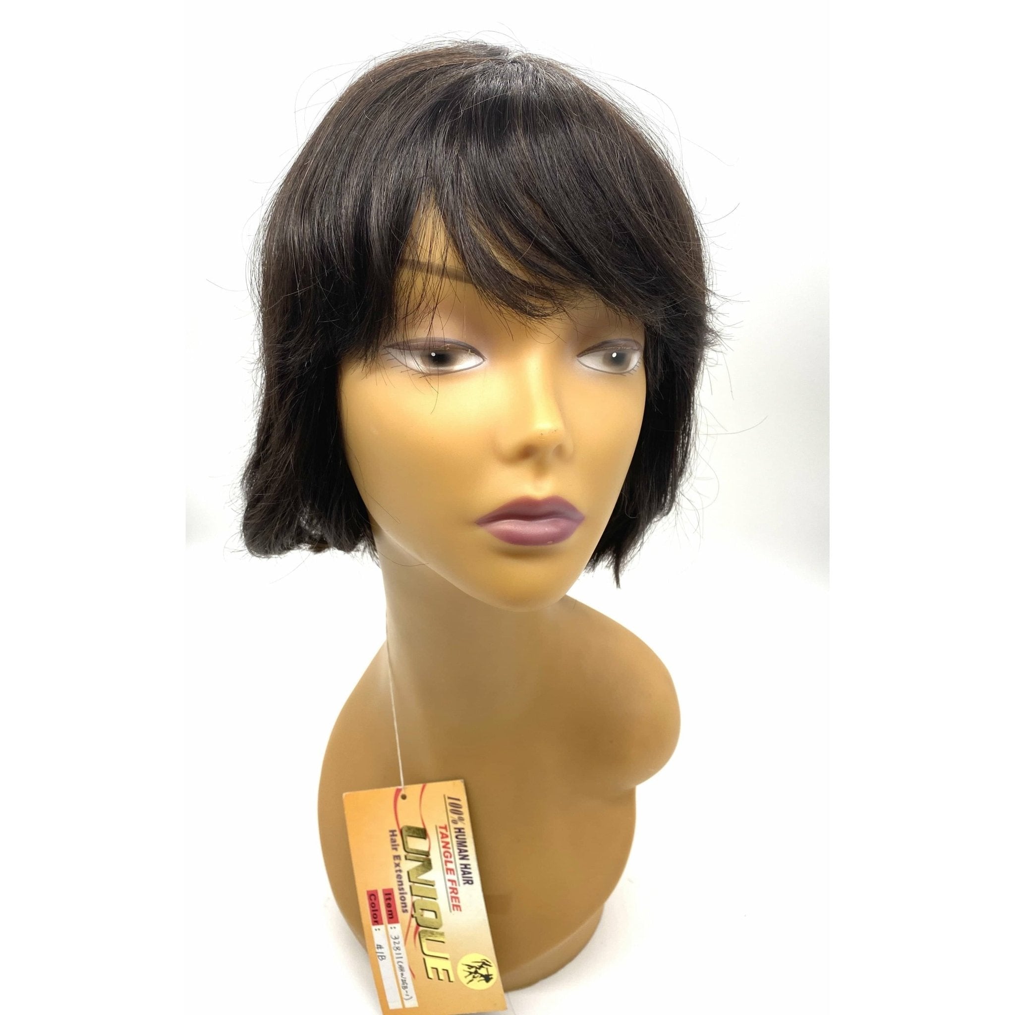 Close up of 100% Human Hair Full Wig Style #32811 in 1B Off Black color