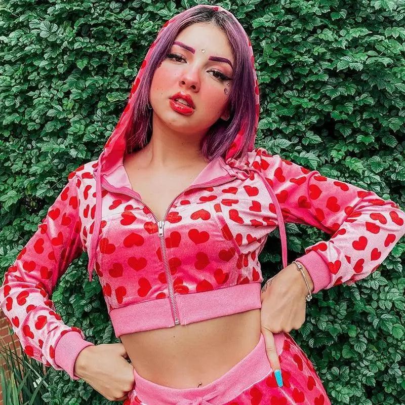 Pink Velvet Heart Print Cropped Bomber Jacket Zip Up Hoodie