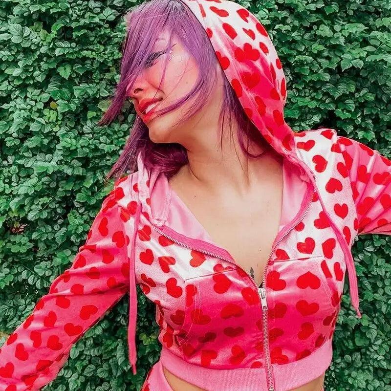 Pink Velvet Heart Print Cropped Bomber Jacket Zip Up Hoodie