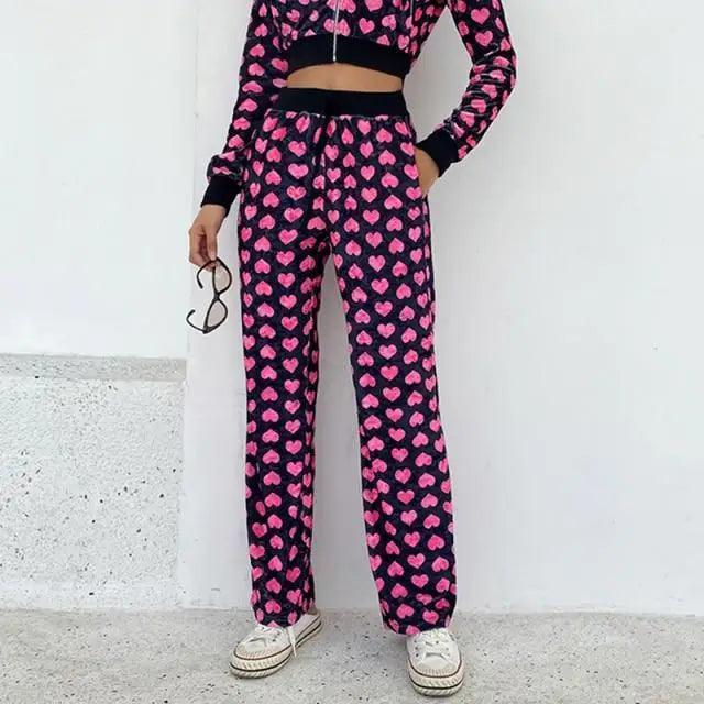 Pink Velvet Heart Print Cropped Bomber Jacket Zip Up Hoodie