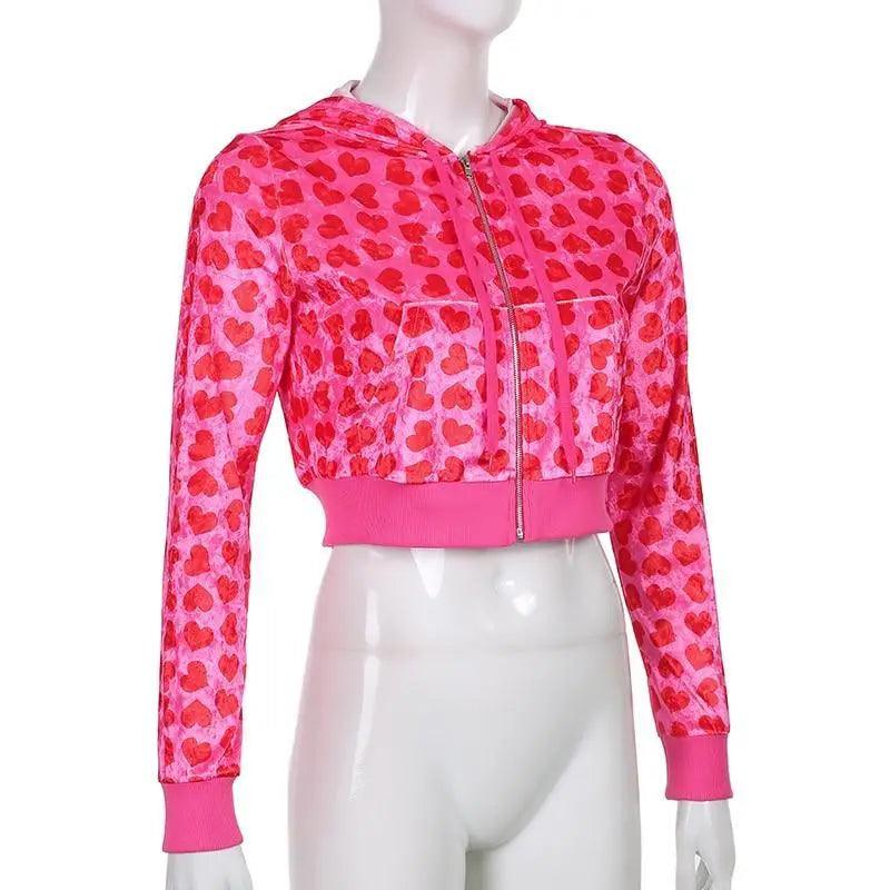 Pink Velvet Heart Print Cropped Bomber Jacket Zip Up Hoodie
