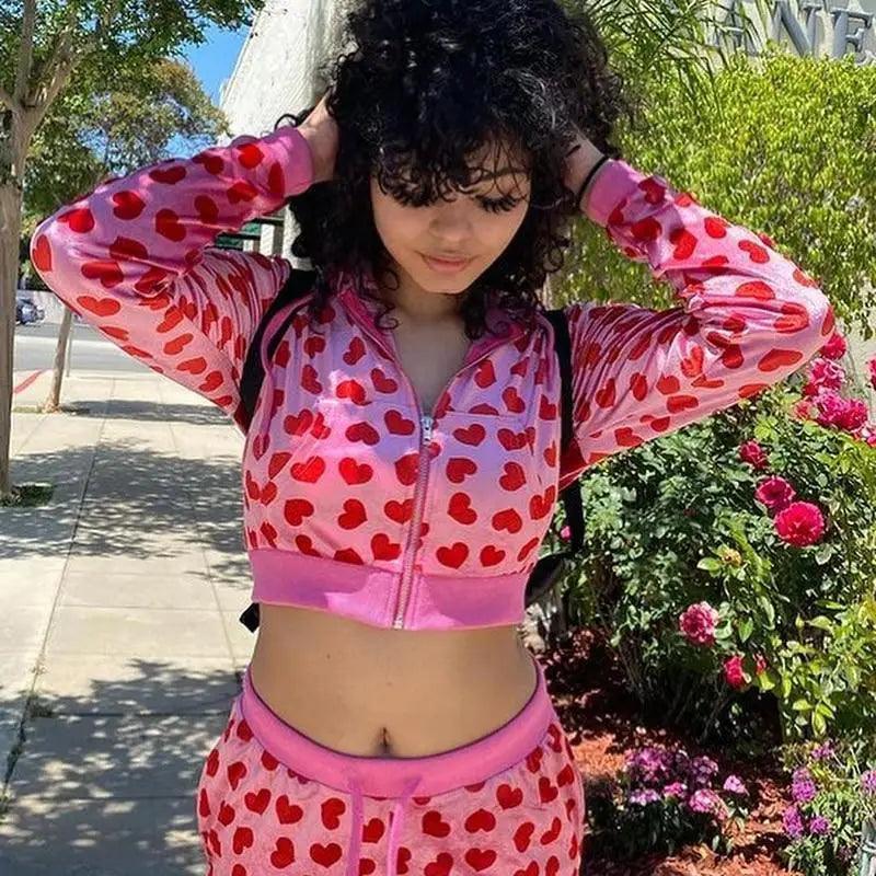 Pink Velvet Heart Print Cropped Bomber Jacket Zip Up Hoodie
