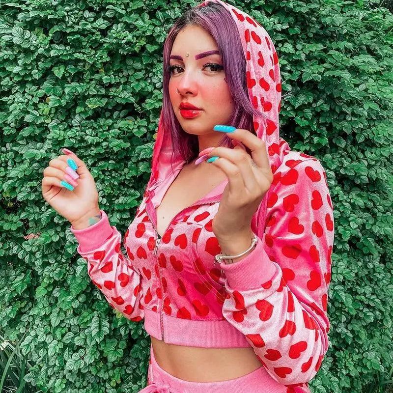 Pink Velvet Heart Print Cropped Bomber Jacket Zip Up Hoodie