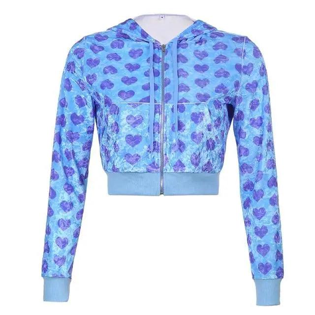 Pink Velvet Heart Print Cropped Bomber Jacket Zip Up Hoodie