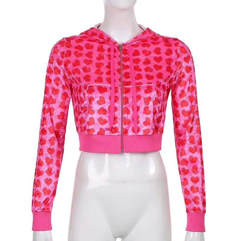 Pink Velvet Heart Print Cropped Bomber Jacket Zip Up Hoodie