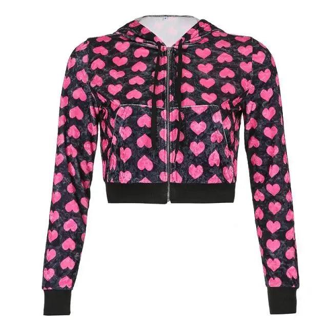 Pink Velvet Heart Print Cropped Bomber Jacket Zip Up Hoodie