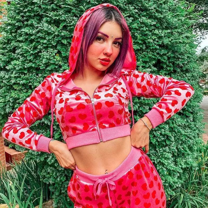 Pink Velvet Heart Print Cropped Bomber Jacket Zip Up Hoodie