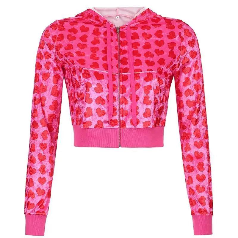 Pink Velvet Heart Print Cropped Bomber Jacket Zip Up Hoodie
